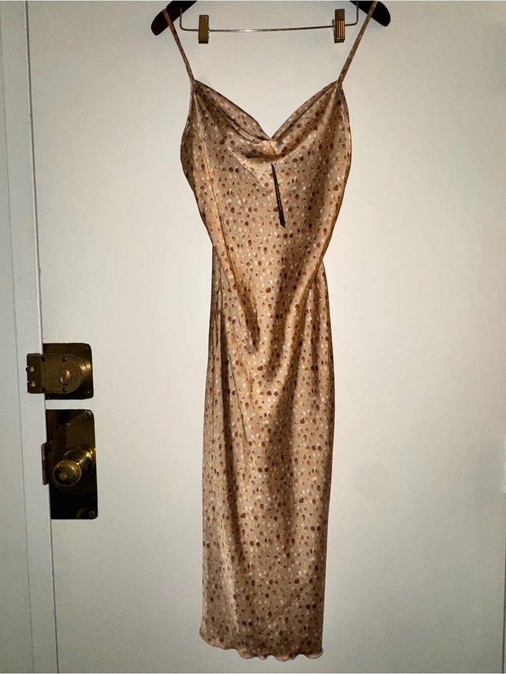 NWT Bebe Satin Slip Dress in Champagne Dot Print XS